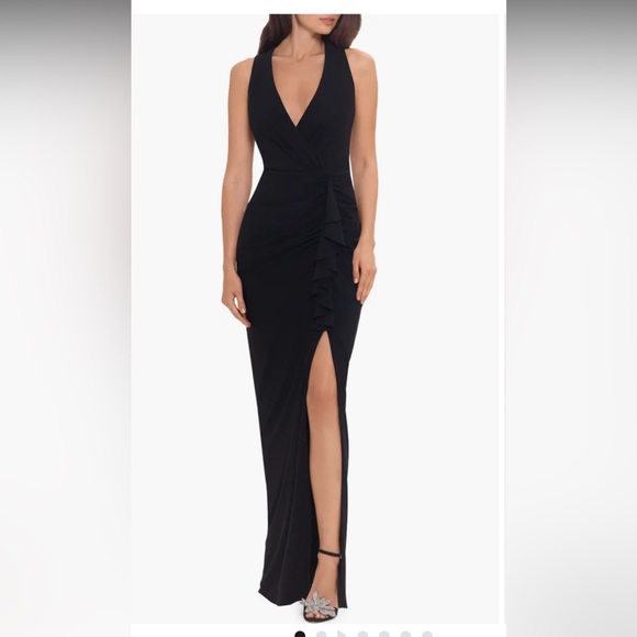 Betsy & Adam Ruched Ruffle Column Gown - Picture 3 of 4